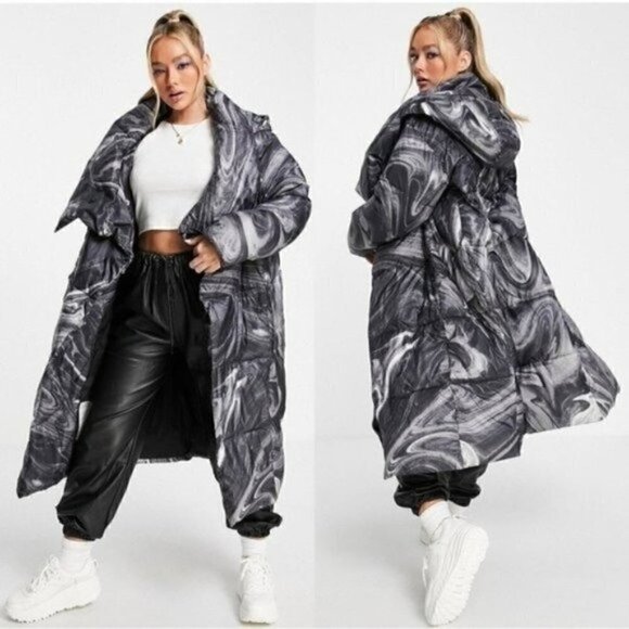 NWT UGG Catherina Coat Size Medium Black White Marble Padded Puffer Jacket - Picture 1 of 16